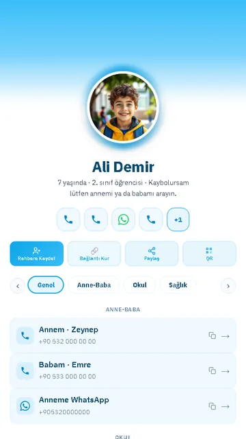 Çocuk kimlik kartı örneği: çocuğun fotoğrafı, anne ve baba telefonları, okul ve sağlık sekmeleri