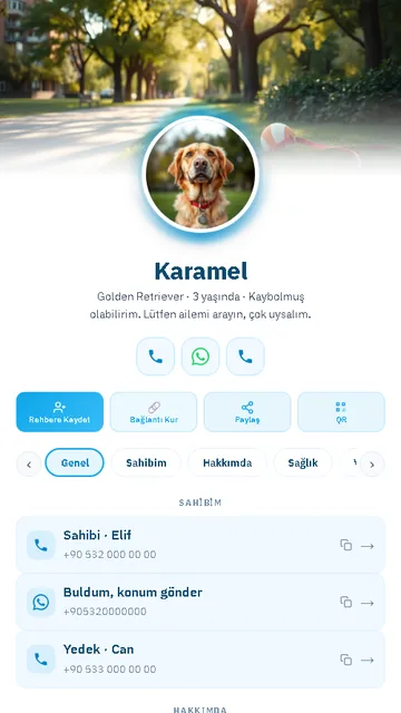 Evcil hayvan künyesi örneği: köpeğin fotoğrafı, sahip telefonları, sağlık ve veteriner sekmeleri