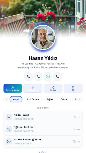 Alzheimer hasta kimlik kartı örneği: hastanın fotoğrafı, acil durum kişileri, sağlık ve doktor sekmeleri